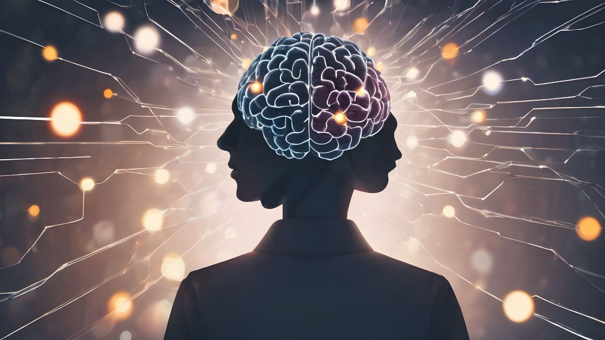 Egy stilizált emberi agy látható, amely két sziluett mögött helyezkedik el, fények és vonalak veszik körül.