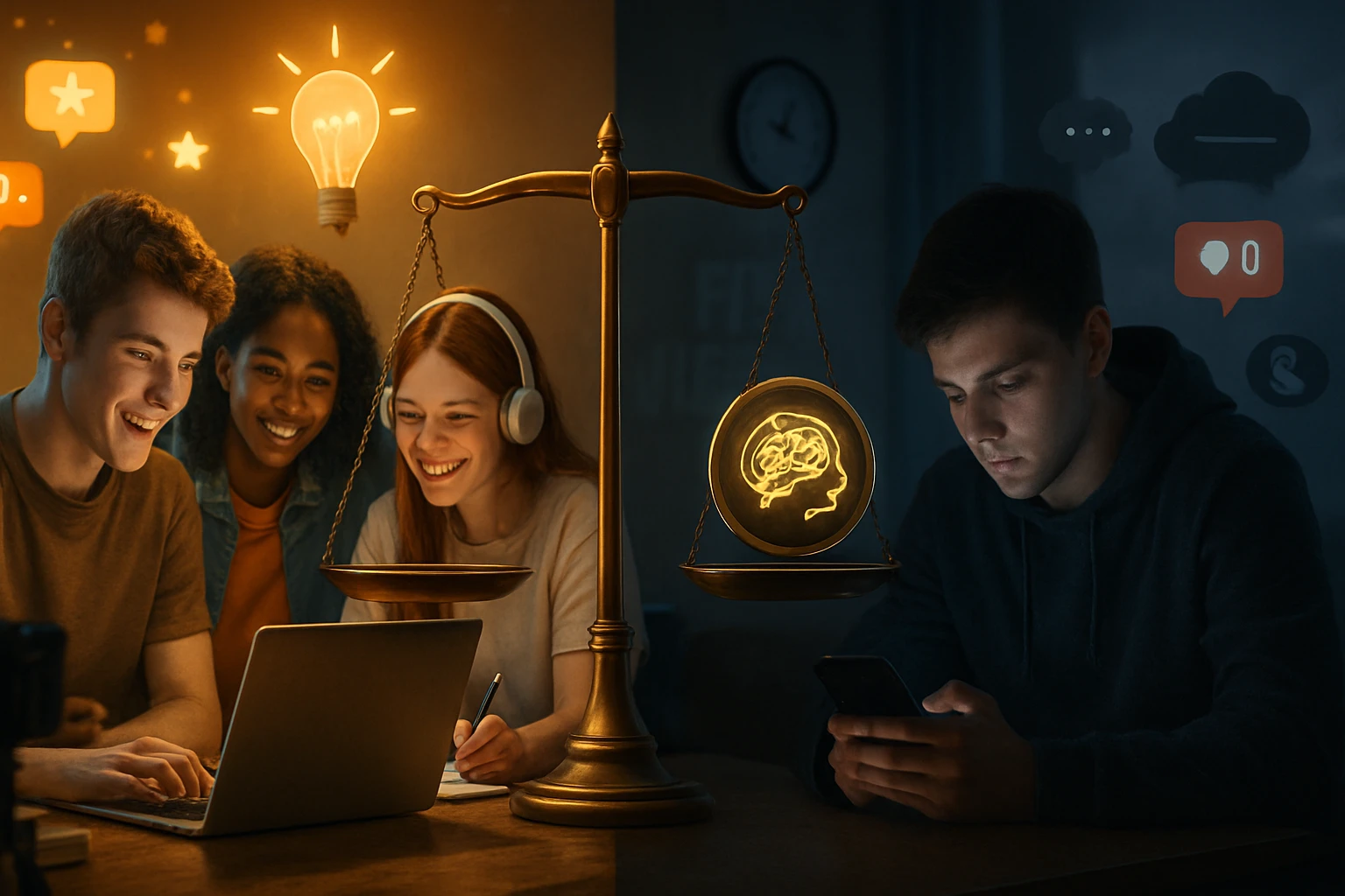 Két fiatal, laptop előtt ülve, boldogan dolgozik, míg egy harmadik, telefonját nézi.