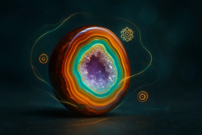 Színes achátgyöngy, amely a természet csodáit tükrözi, energetikai mintázatokkal.