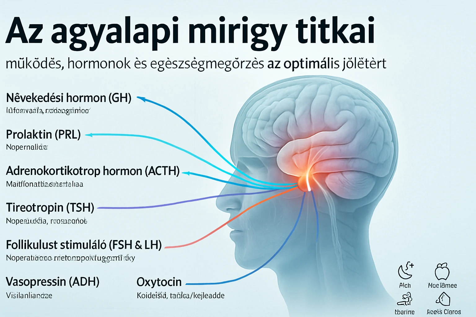 Az agyalapi mirigy működését és hormonjait bemutató illusztráció, agyi struktúrákkal.