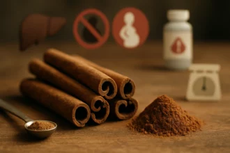 Fahéj rudak és por egy fából készült asztalon, háttérben figyelmeztető ikonokkal.