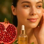 Egy fiatal nő mosolyog, miközben gránátalmát és bőrápoló olajat tart a kezében.