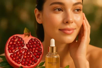 Egy fiatal nő mosolyog, miközben gránátalmát és bőrápoló olajat tart a kezében.