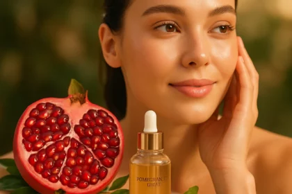 Egy fiatal nő mosolyog, miközben gránátalmát és bőrápoló olajat tart a kezében.