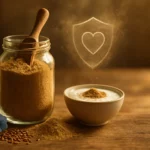 Egy üvegben lenmagliszt, mellette egy tál joghurt, virágokkal díszítve.