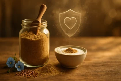 Egy üvegben lenmagliszt, mellette egy tál joghurt, virágokkal díszítve.