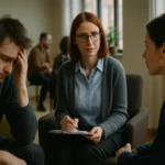 Egy terápiás ülés, ahol egy férfi szorongva ül, míg egy nő figyelmesen hallgat.