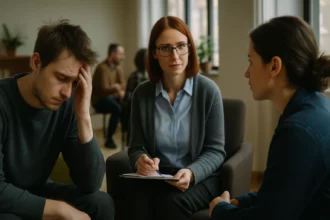 Egy terápiás ülés, ahol egy férfi szorongva ül, míg egy nő figyelmesen hallgat.