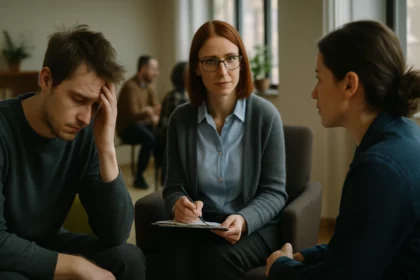 Egy terápiás ülés, ahol egy férfi szorongva ül, míg egy nő figyelmesen hallgat.