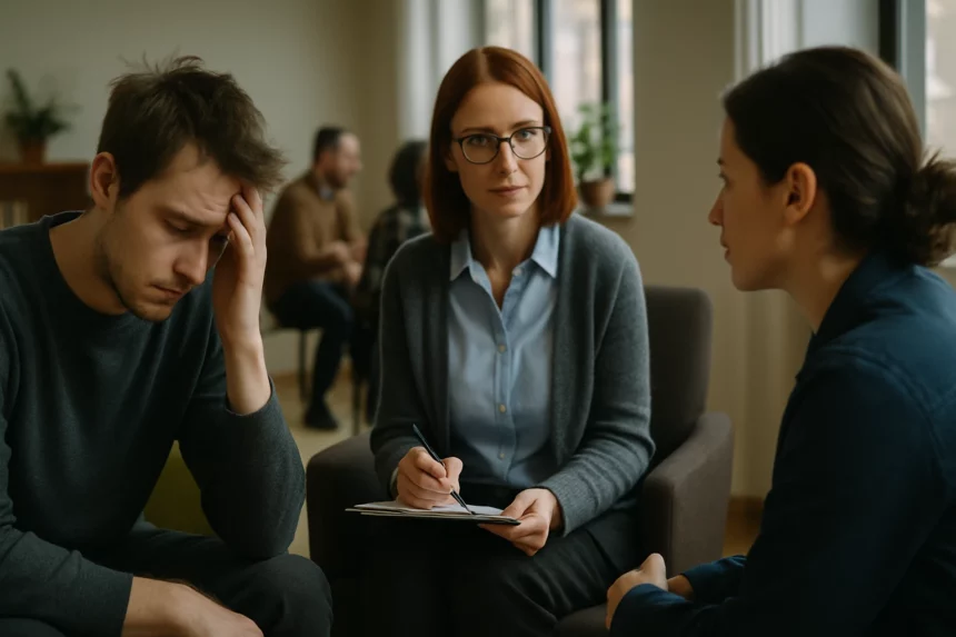 Egy terápiás ülés, ahol egy férfi szorongva ül, míg egy nő figyelmesen hallgat.