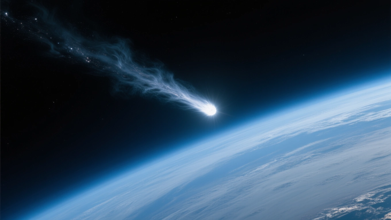 A Halley-üstökös látványos megjelenése a Föld közelében, csillagokkal teli háttérben.