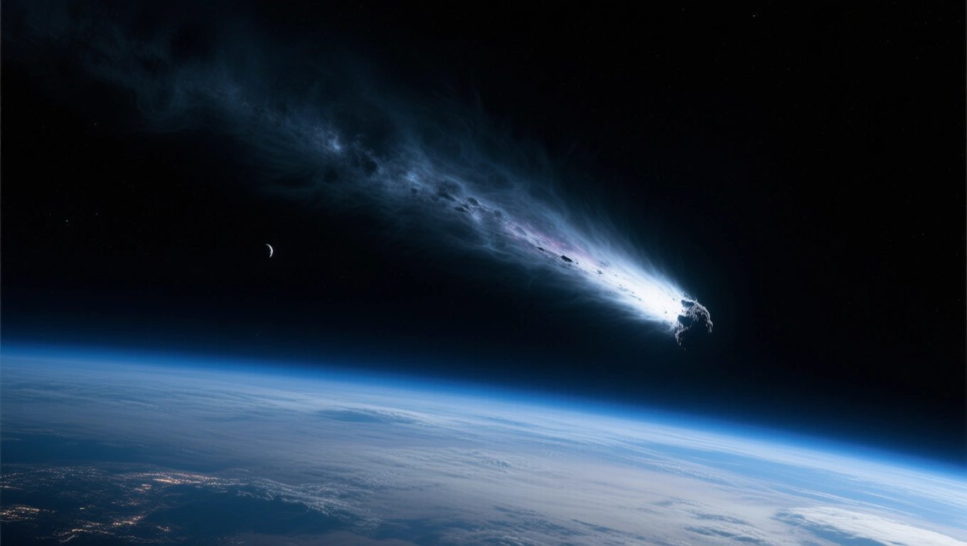 A Halley-üstökös látványos megjelenése az űrben, a Föld fölött.