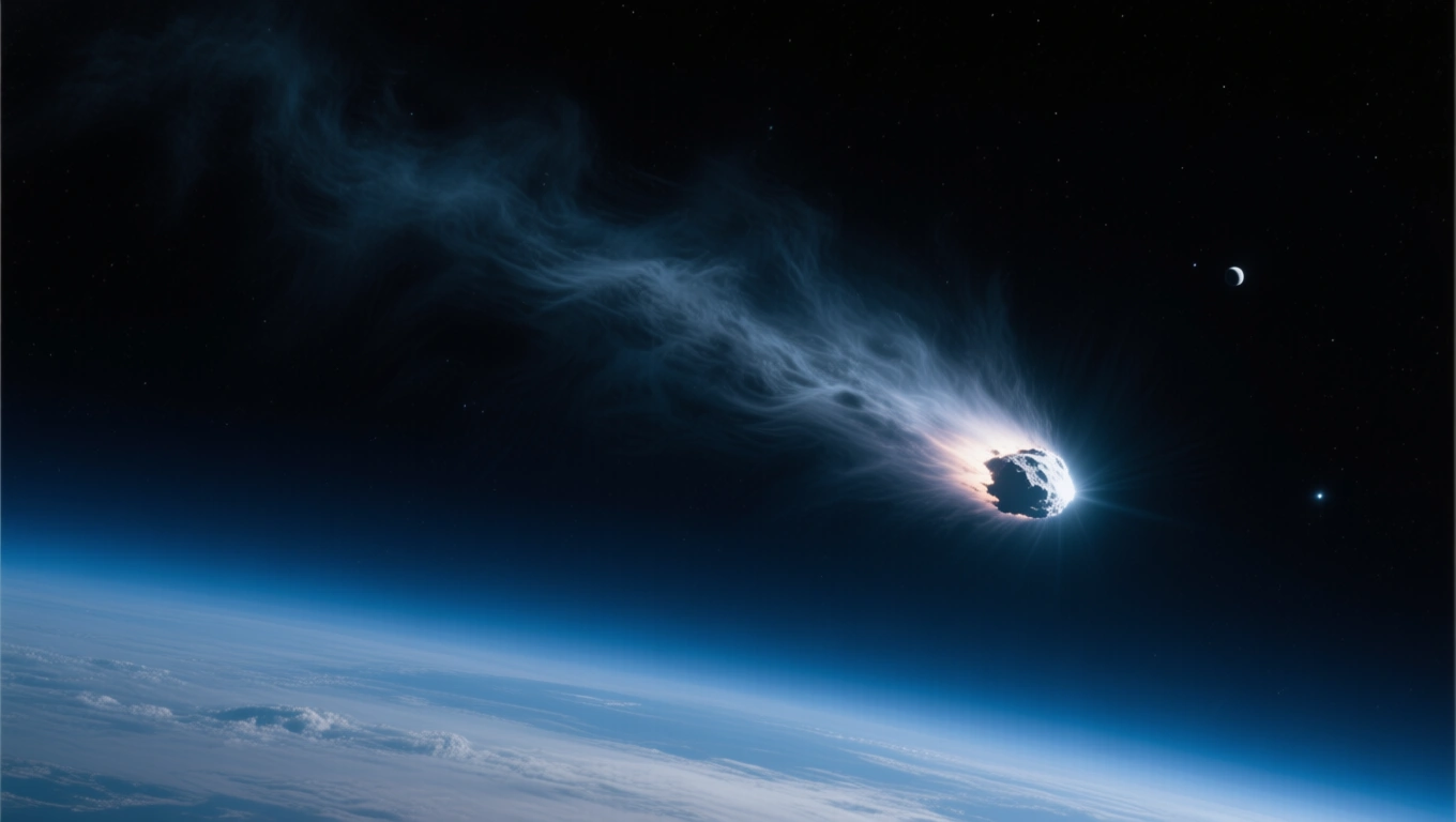 A Halley-üstökös látványos megjelenése az űrben, fénnyel és gázfelhőkkel körülvéve.