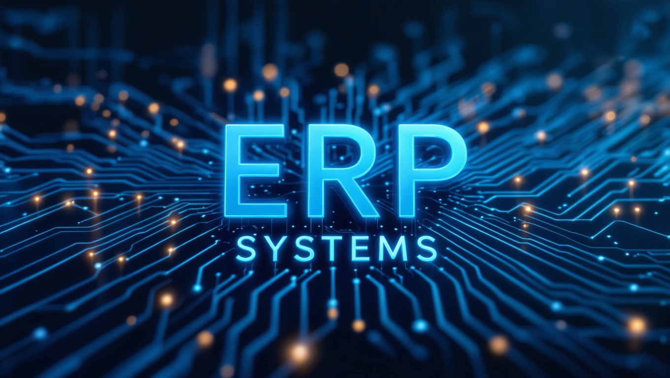 Az ERP rendszerek felirat egy digitális áramkör háttér előtt, amely a technológiai integrációt szimbolizálja.