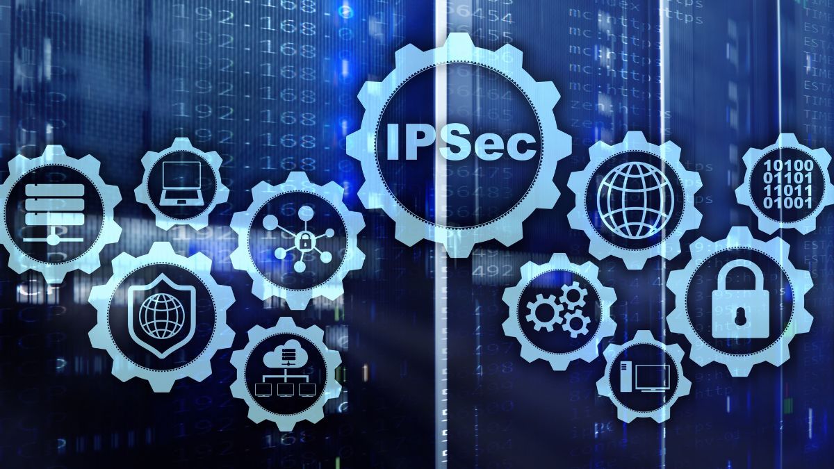 Az IPSec technológia szimbóluma fogaskerekek között, digitális háttérrel.