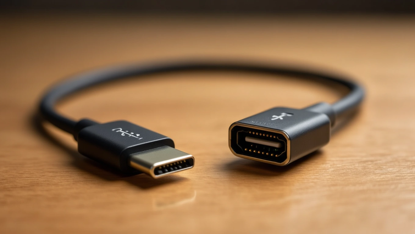 Egy USB-C kábel, amelynek egyik vége USB-C, a másik vége pedig USB-A csatlakozóval rendelkezik.