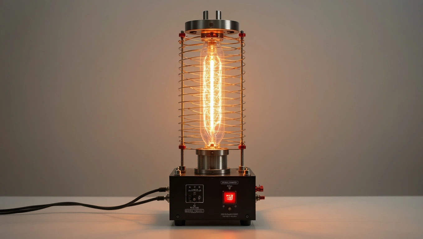 Egy Tesla-tekercs, amely elektromos kisüléseket produkál, világító izzóval.