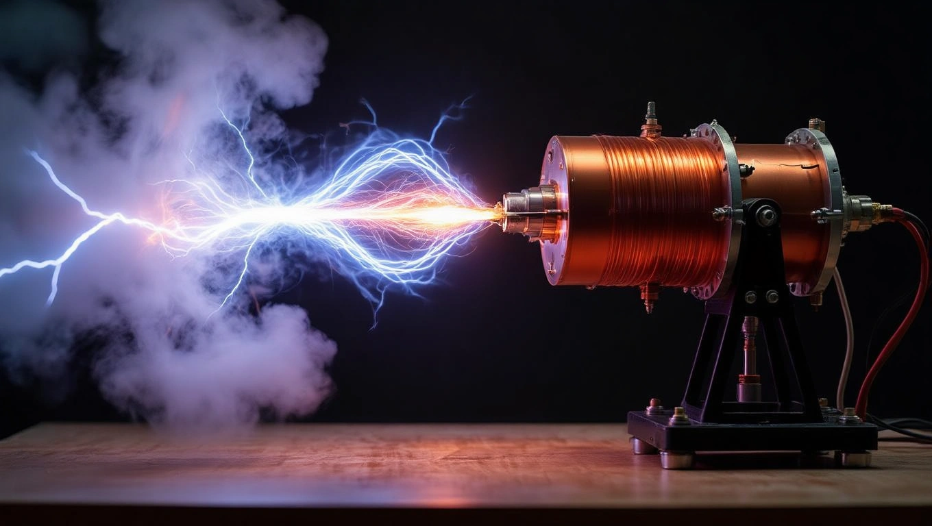 Egy Tesla-tekercs, amely látványos elektromos kisüléseket produkál, háttérben füsttel.