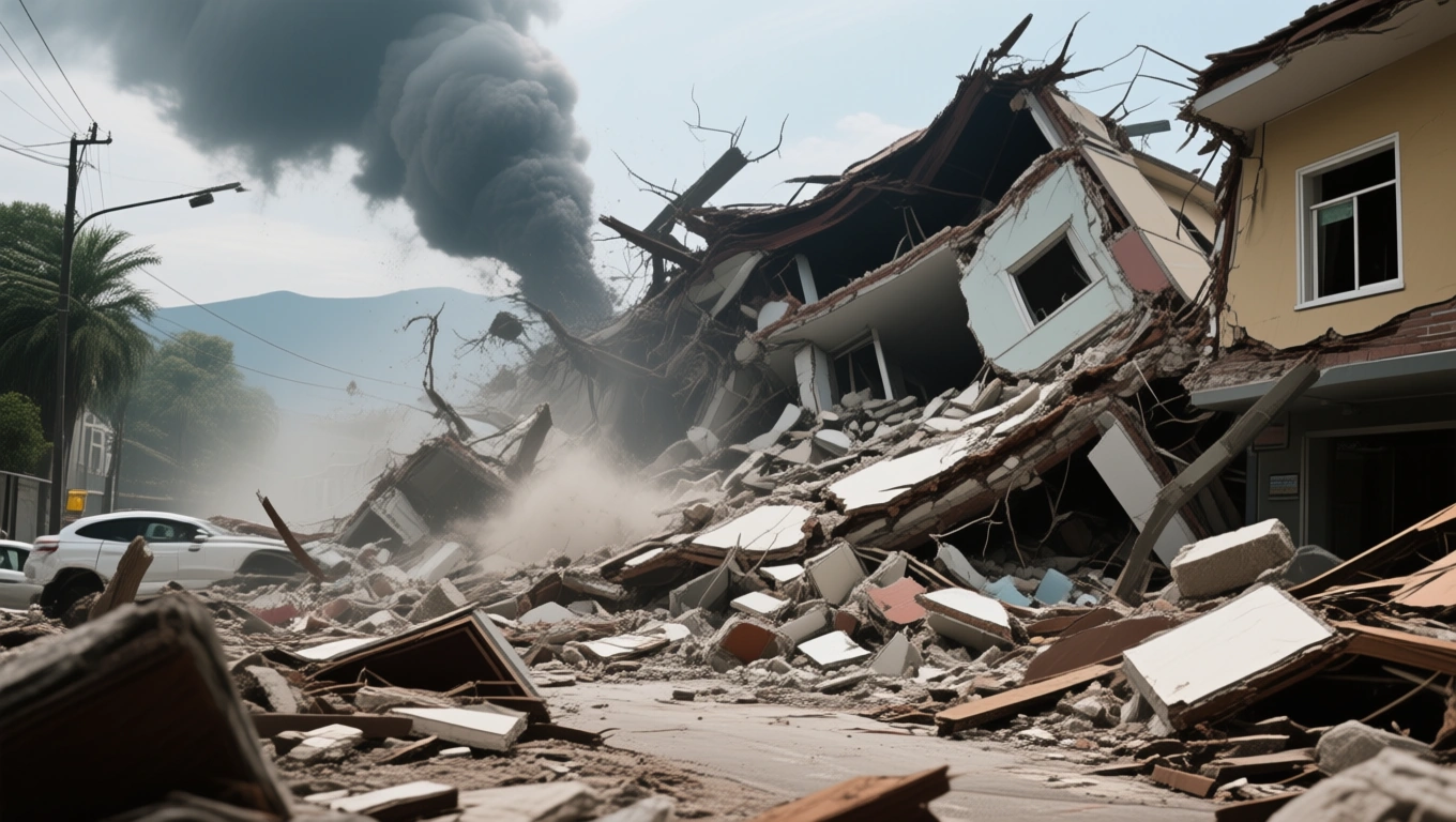 Összedőlt épületek romjai, por és füst a levegőben, utórengés nyomai.