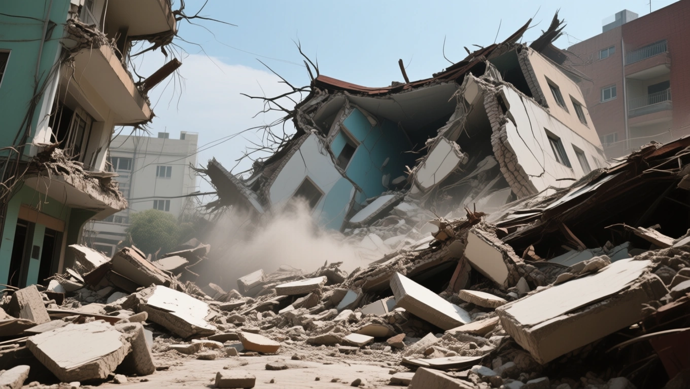 Összedőlt épületek romjai, porfelhővel, utórengés következményeként.