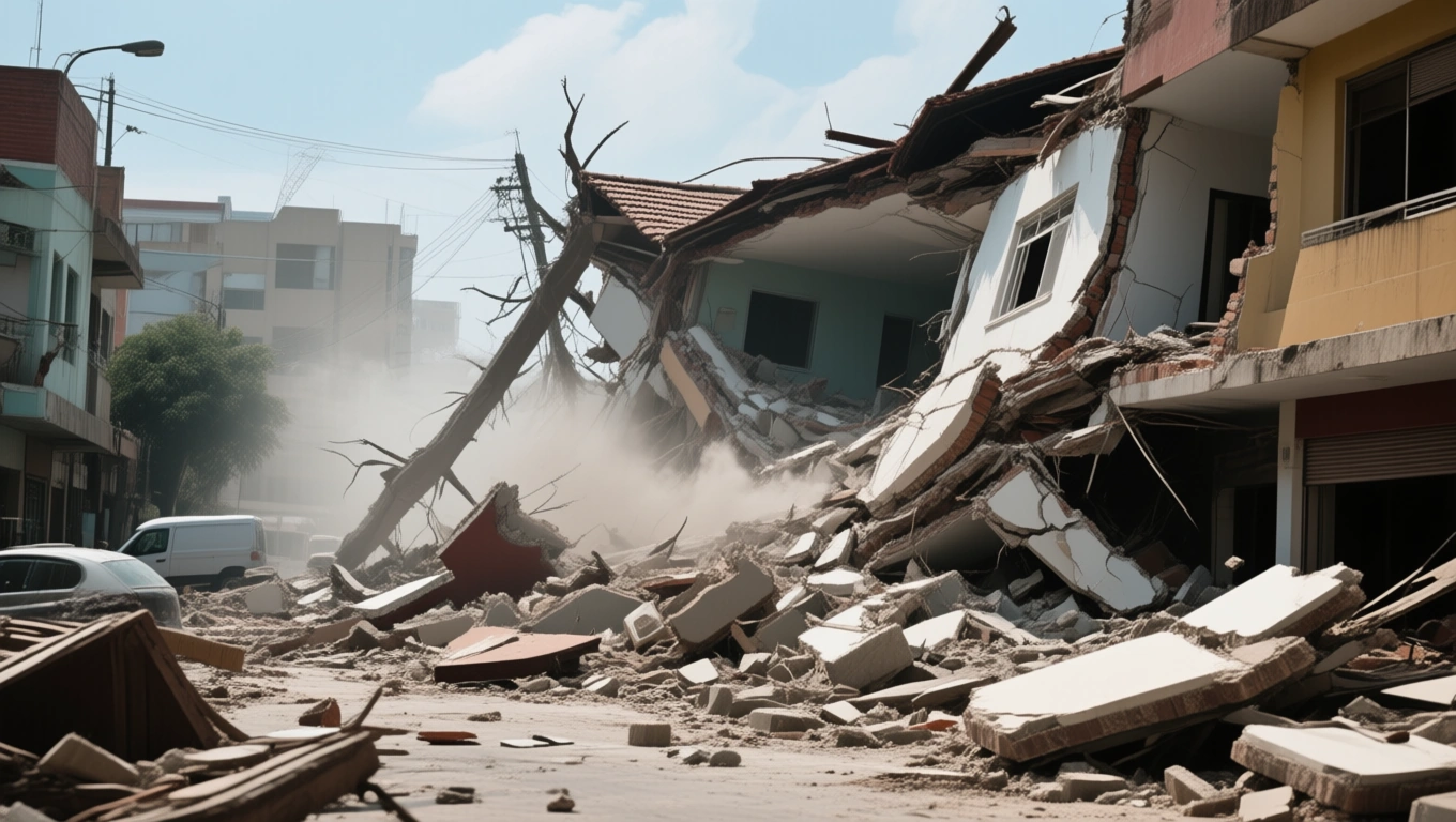 Egy földrengés után romba dőlt épület, porfelhő és törmelék látható az utcán.