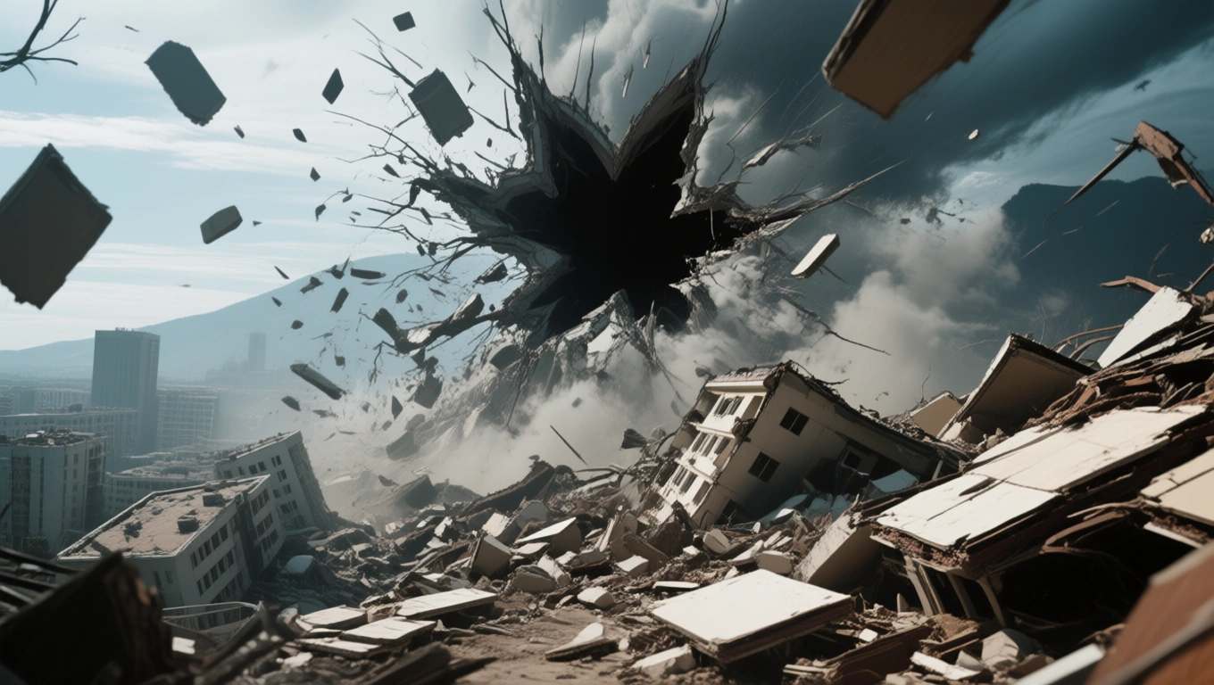 Egy romos városrész, ahol a földrengés következtében épületek dőltek össze és törmelékek hevernek.