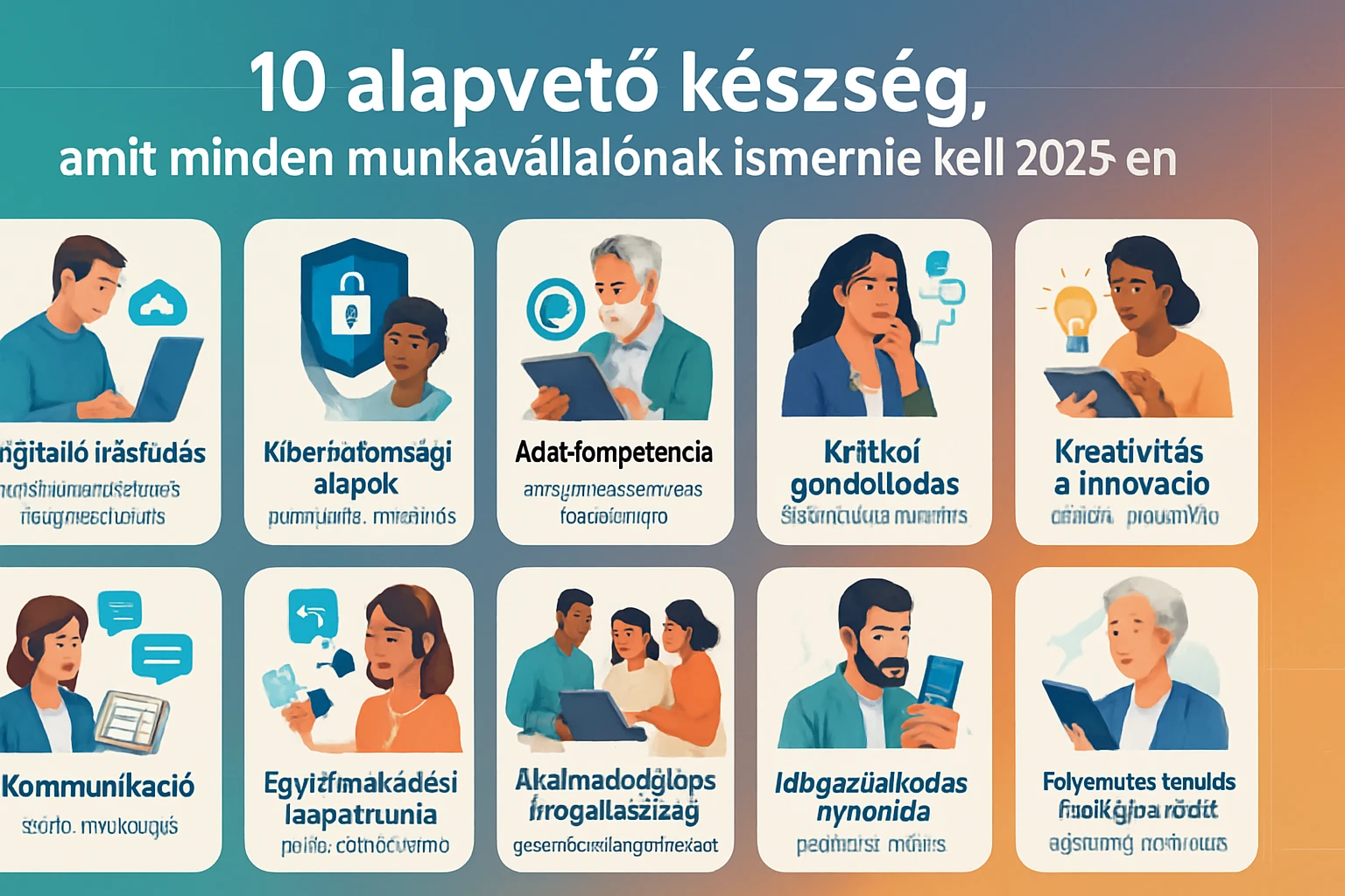 Kép a 2025-ös munkavállalói készségekről, 10 alapvető készséggel és ikonokkal.
