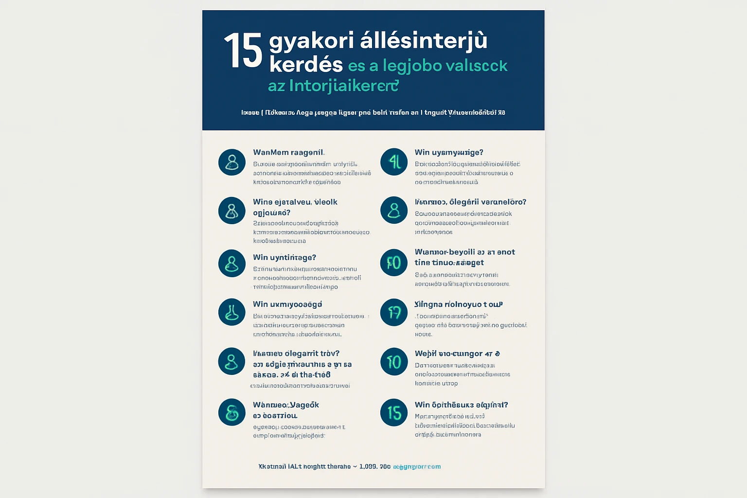 Egy infografika, amely 15 gyakori állásinterjú kérdést és válaszokat mutat be.