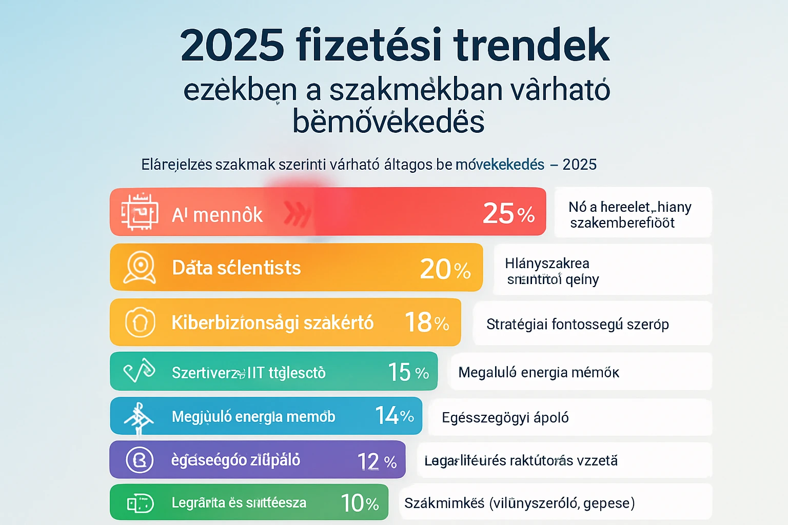 A 2025-ös fizetési trendeket bemutató grafika, különböző szakmák várható bérnövekedésével.