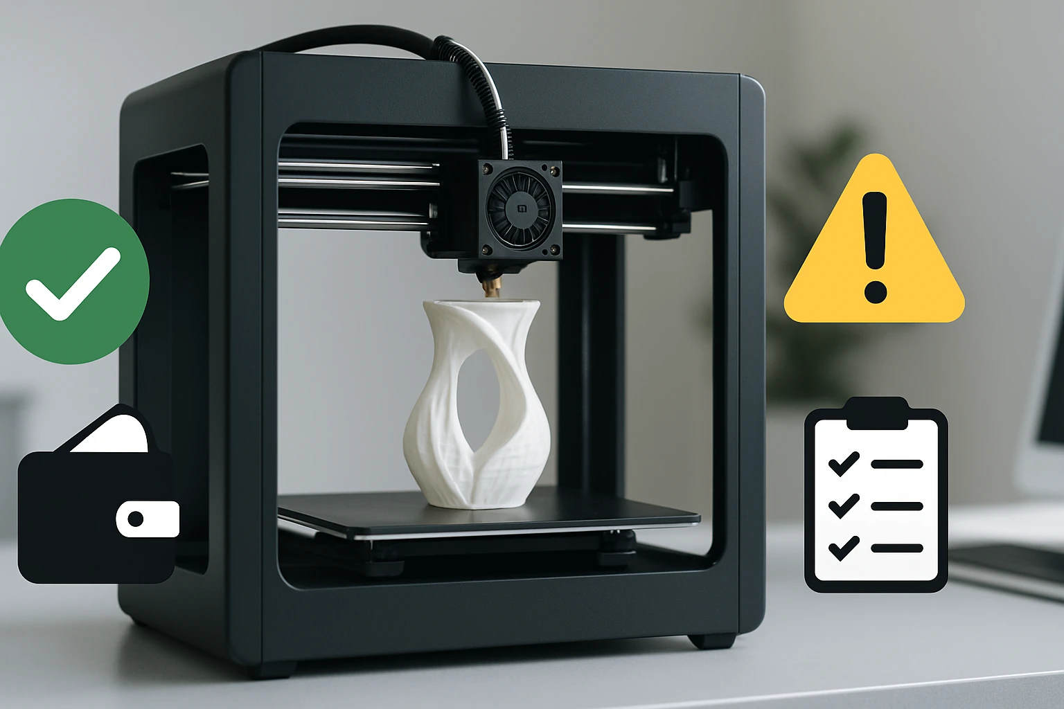 Egy 3D nyomtató, amely éppen egy fehér vázát készít, mellette szimbólumokkal.