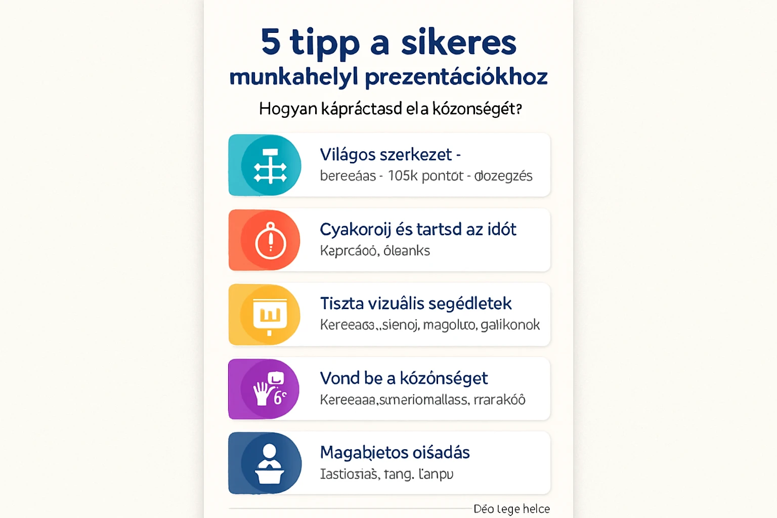 Egy grafikus lista öt tippet mutat be a sikeres munkahelyi prezentációkhoz.