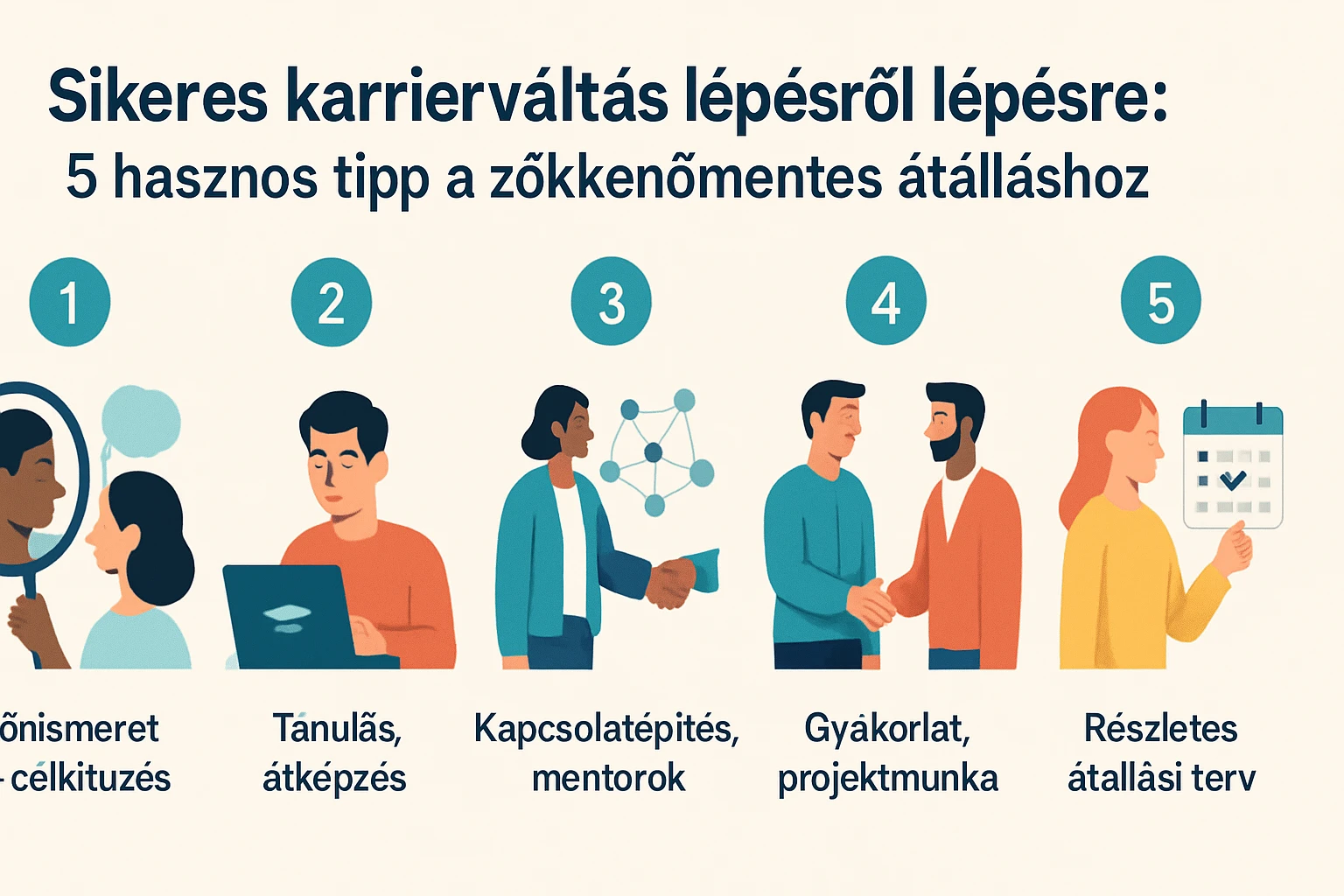 Öt lépés a sikeres karrierváltáshoz, illusztrált tippekkel.
