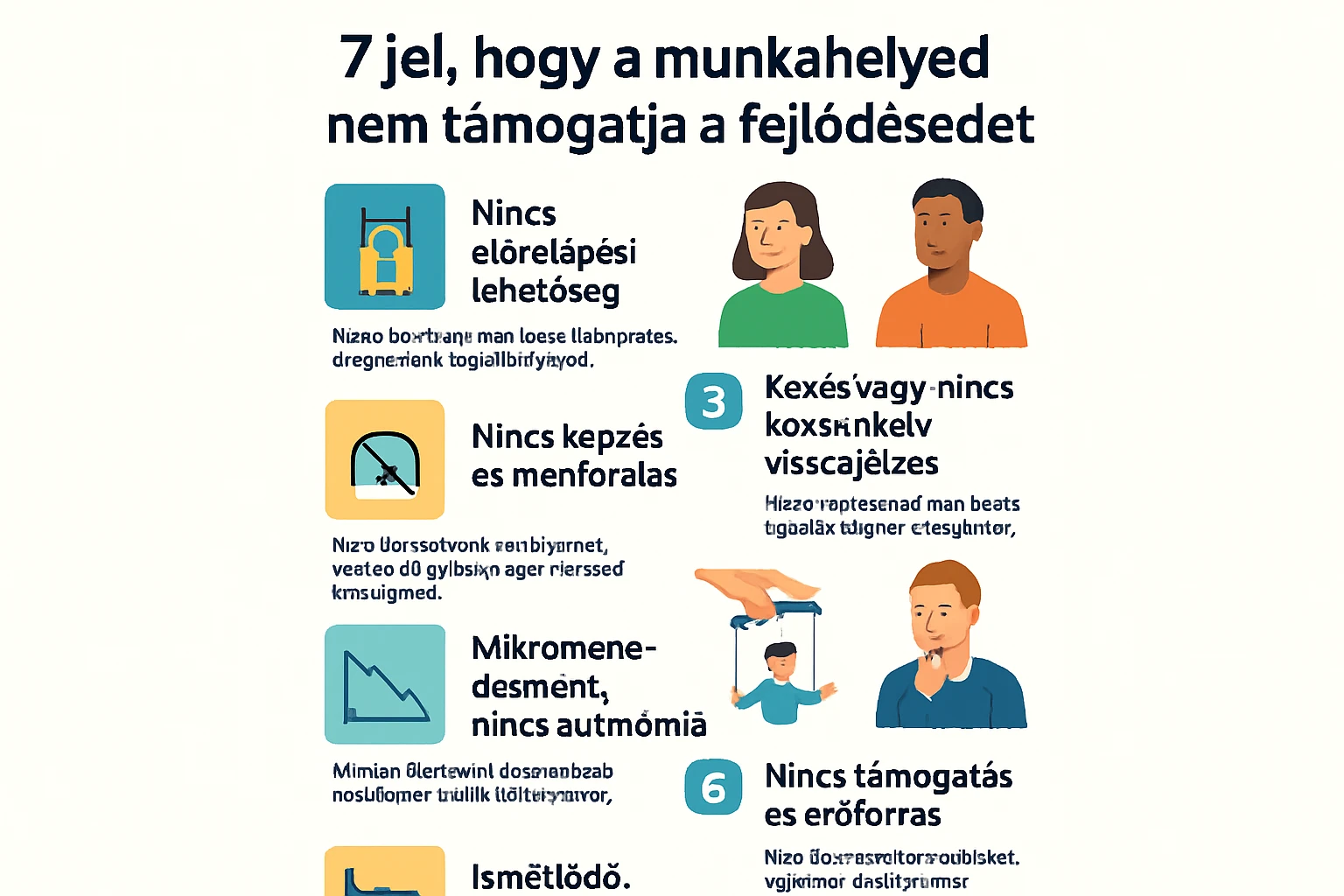 Infografika, amely bemutatja a munkahelyi fejlődés hiányának 7 jelét, ikonokkal és szöveges magyarázatokkal.