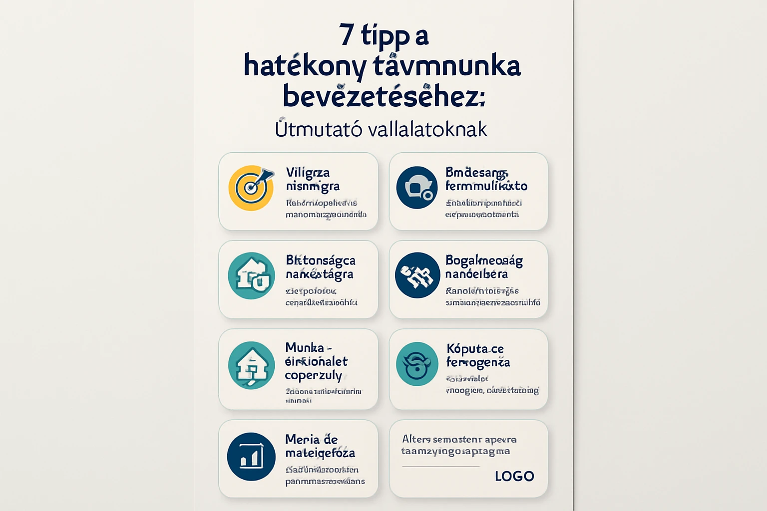 Egy grafikus táblázat, amely 7 tippet mutat be a hatékony távmunka bevezetéséhez, különböző ikonokkal.