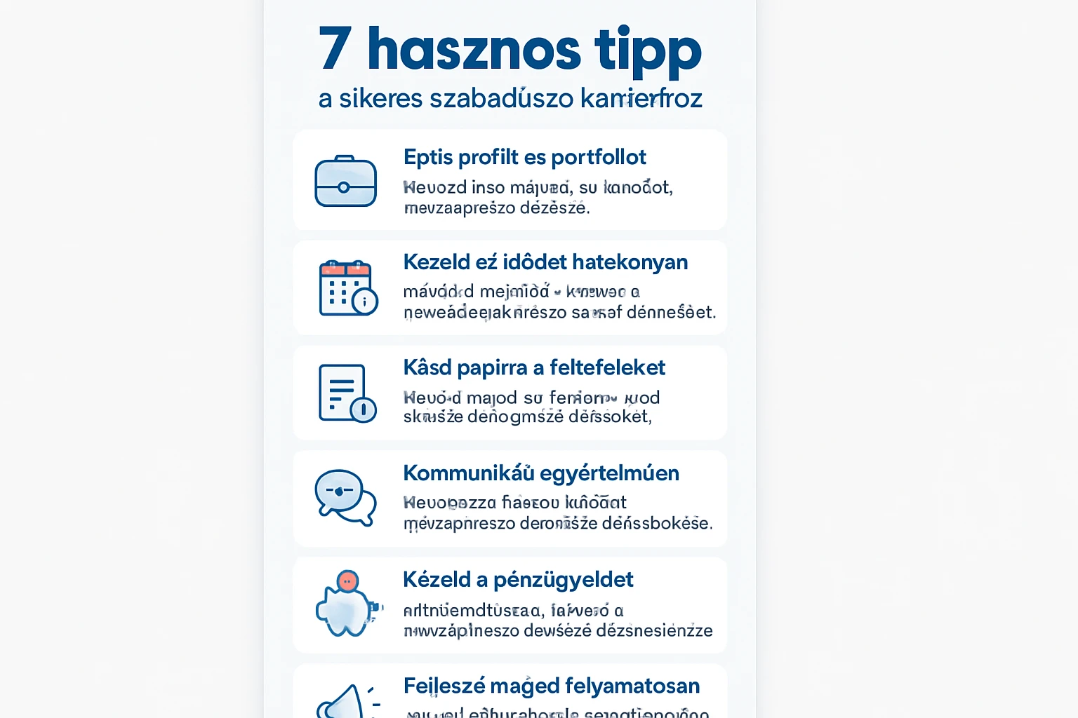 Egy infografika, amely 7 tippet mutat be a sikeres szabadúszó karrierhez.