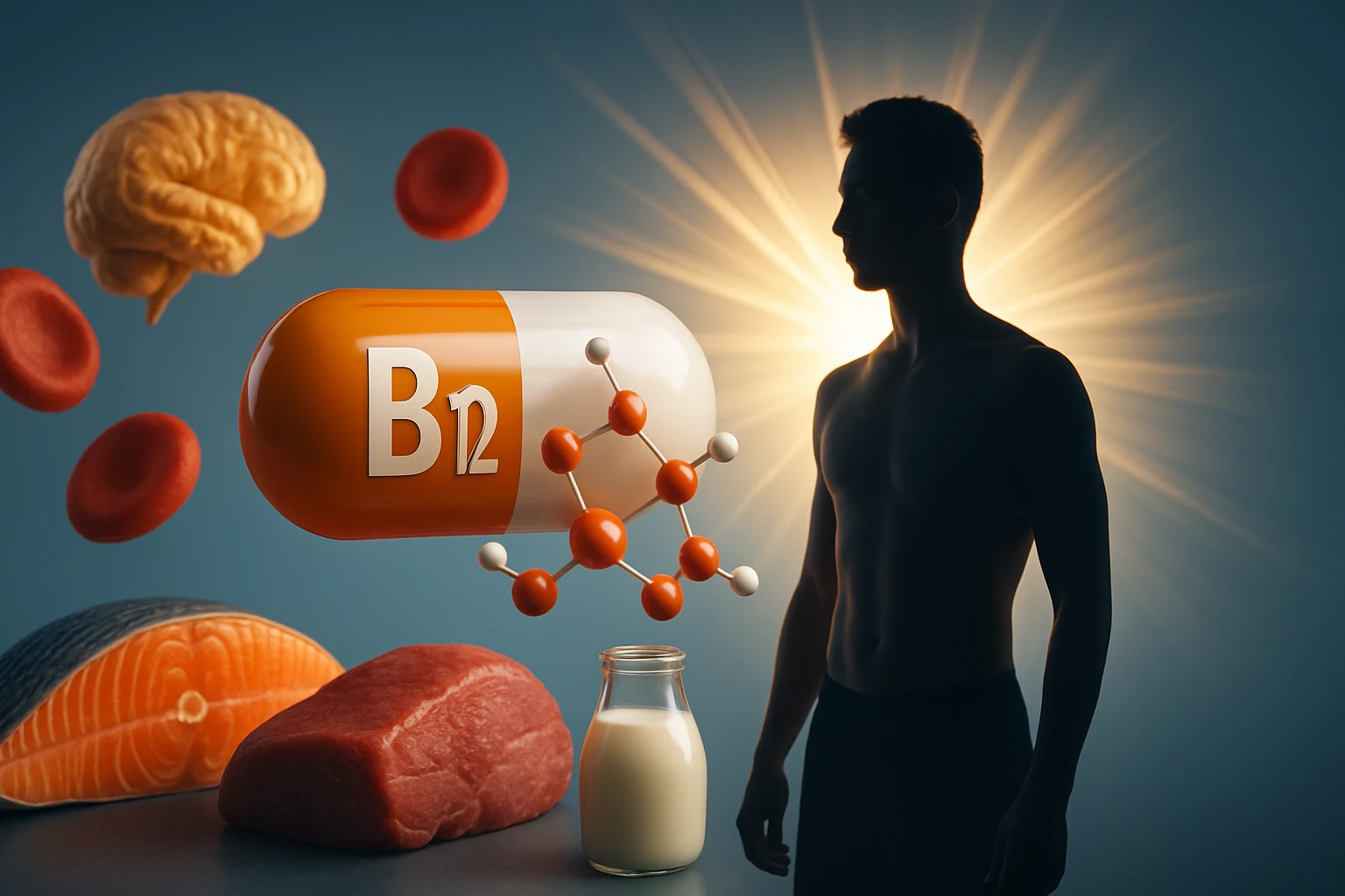 Egy B12 vitamint ábrázoló kapszula, mellette ételek és egy férfi sziluettje.