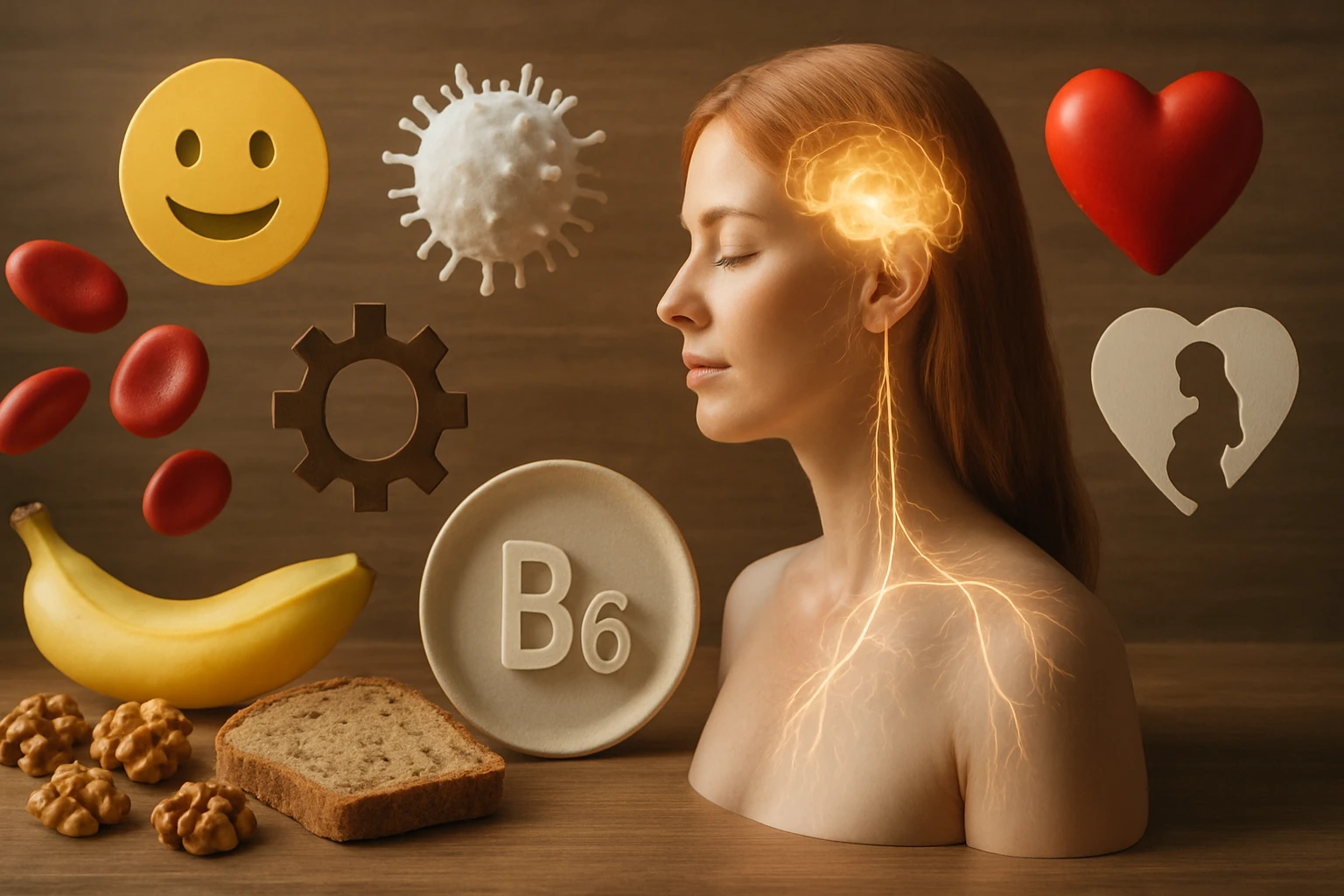 Egy női szobor feje mellett különböző szimbólumok, mint a B6 vitamin, ételek és érzelmek.