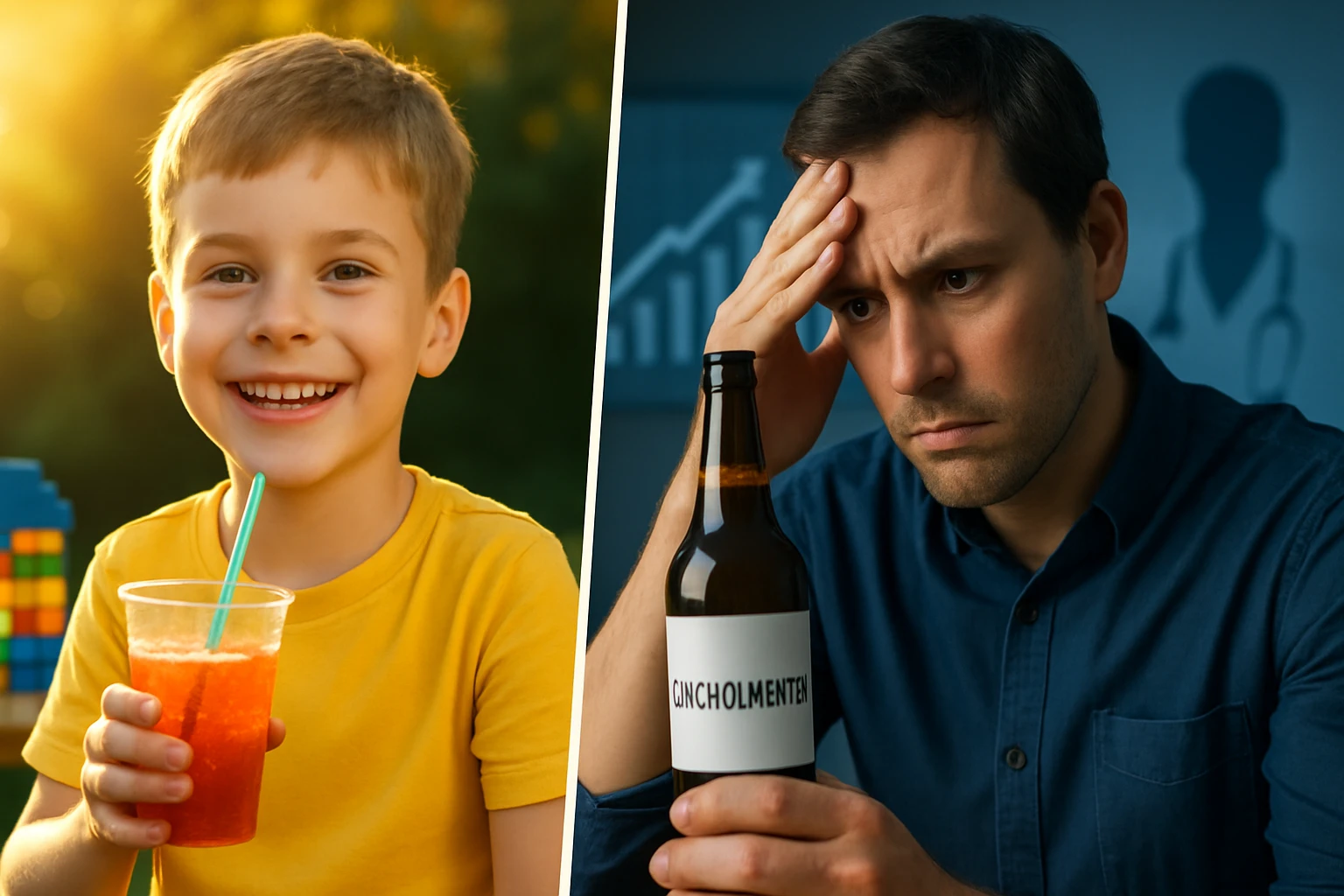 Egy boldog kisfiú narancssárga itallal a kezében, napfényben mosolyogva.