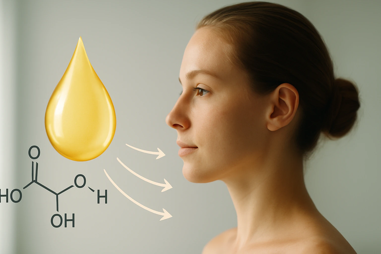Egy nő profilja, mellette egy csepp olaj és kémiai szerkezet ábrázolása.