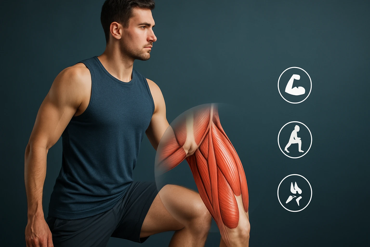 Egy férfi, aki a combizmainak anatómiáját mutatja be, sportos öltözetben.