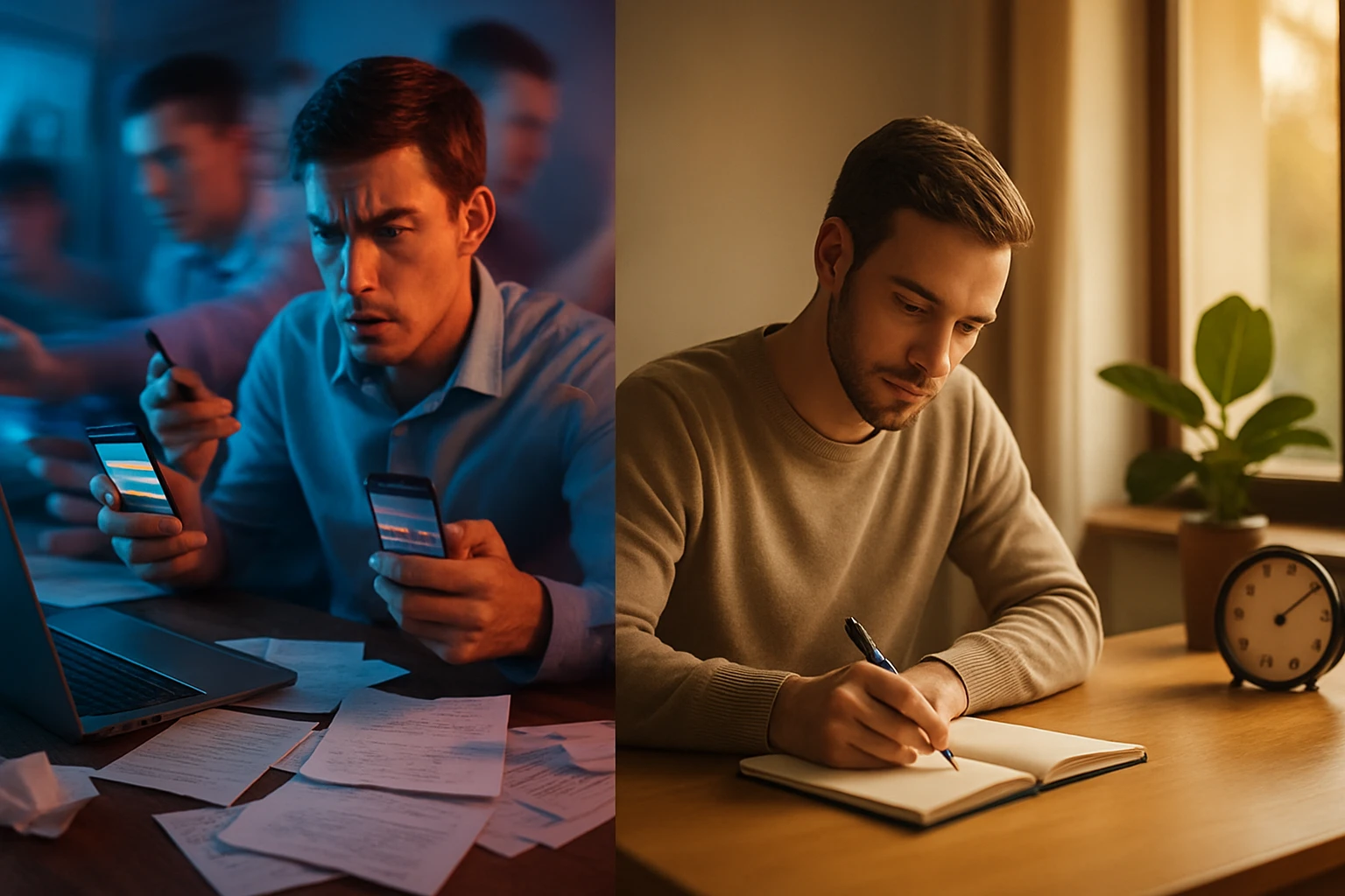 Egy férfi két okostelefont tart a kezében, miközben a számítógép előtt ül, körülötte papírok hevernek.