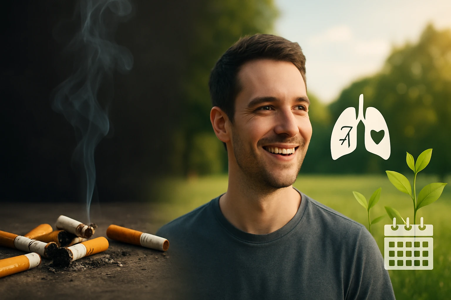 Egy mosolygó férfi áll a szabadban, mellette cigarettacsikkek és egészséges szimbólumok.