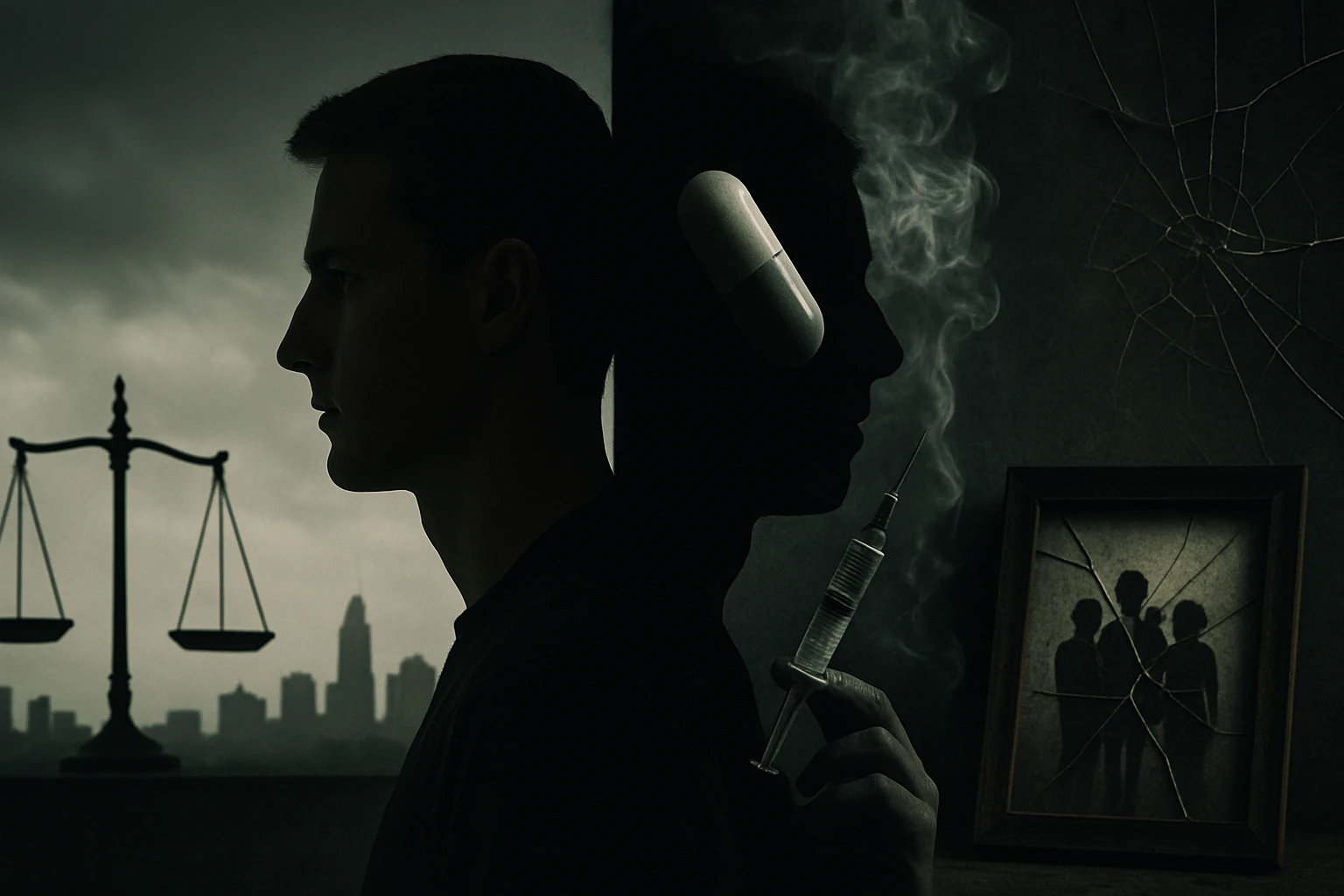 Egy férfi profilja látható, háttérben gyógyszer és fecskendő, sötét hangulatban.