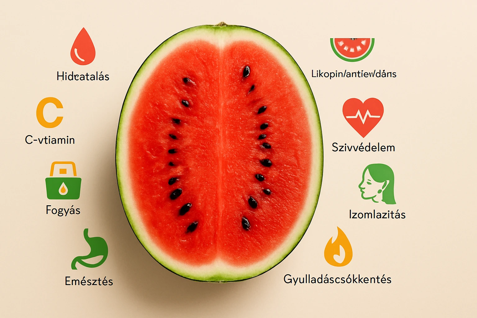 Félbevágott görögdinnye, mellette egészségi előnyöket bemutató ikonokkal.