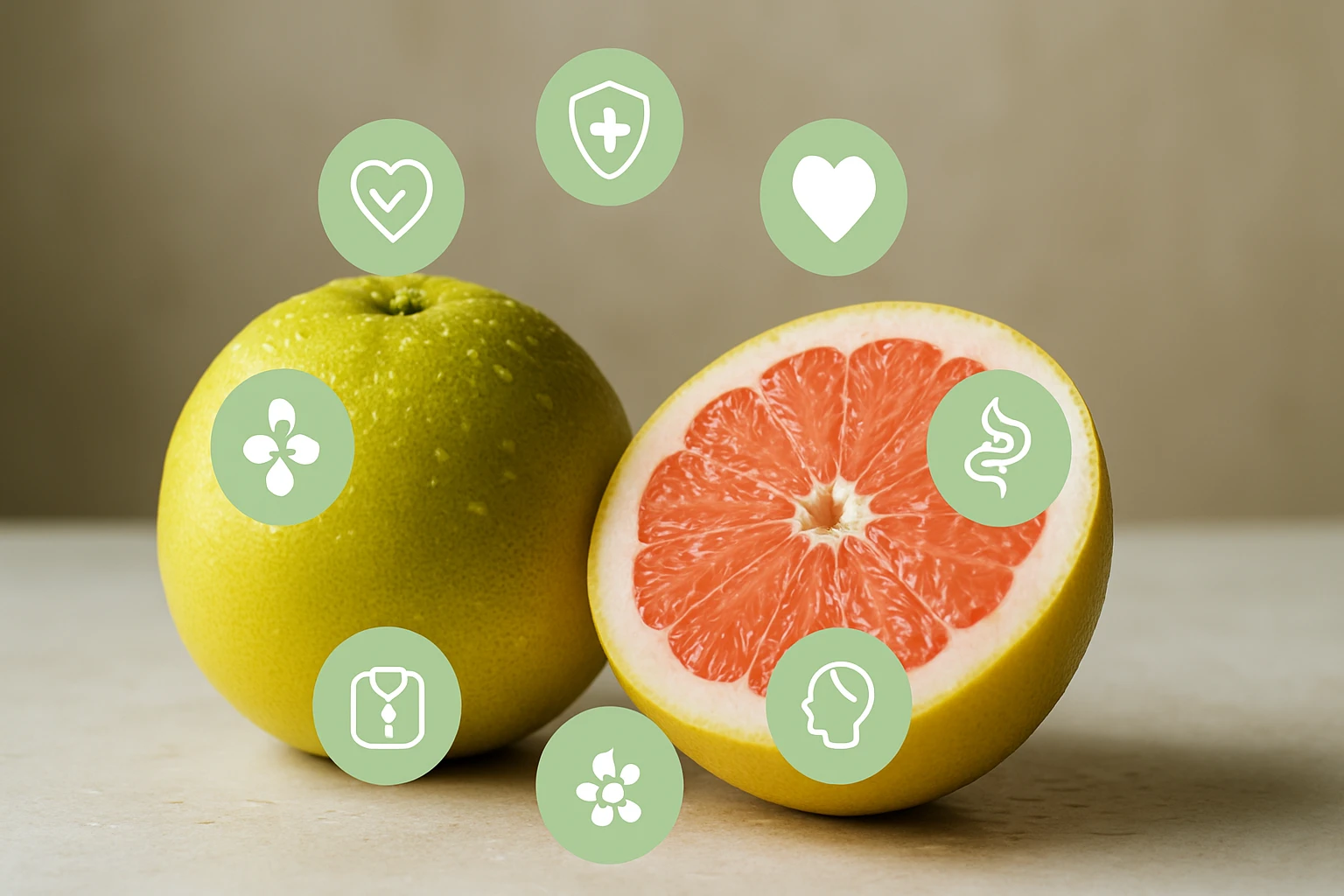 Két grapefruit, az egyik egész, a másik félbevágva, zöld ikonokkal a jótékony hatásokról.