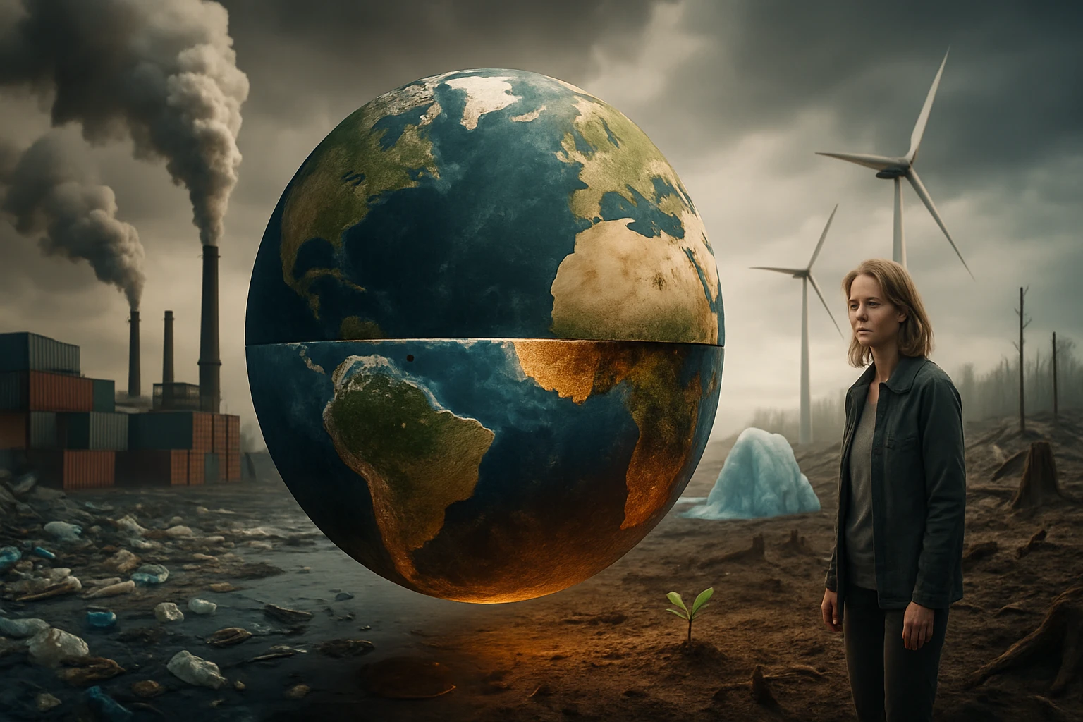 Egy nő áll egy lebegő földgömb mellett, háttérben ipari szennyezés és szélerőművek.