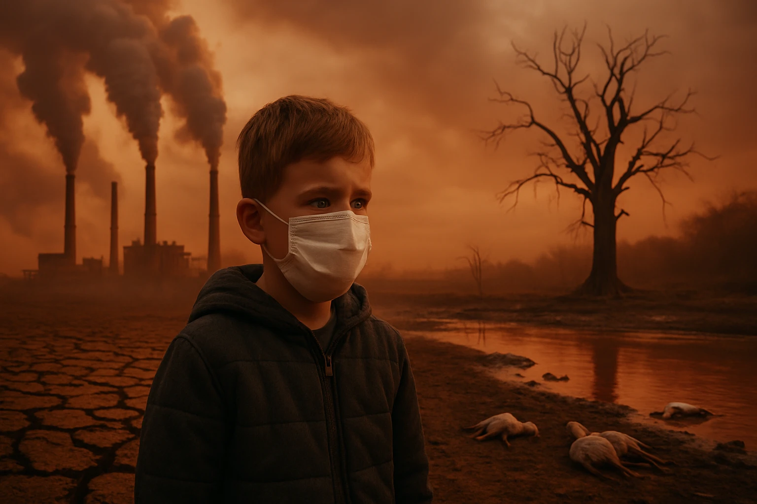 Egy maszkos kisfiú áll egy szennyezett táj előtt, háttérben gyárkémények füstje.