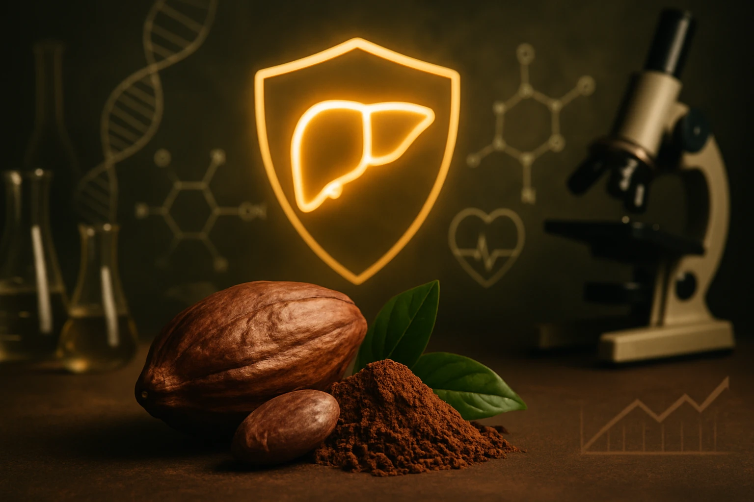 Kakaóbab, kakaópor és zöld levelek egy sötét háttér előtt, mikroszkóppal és tudományos szimbólumokkal.