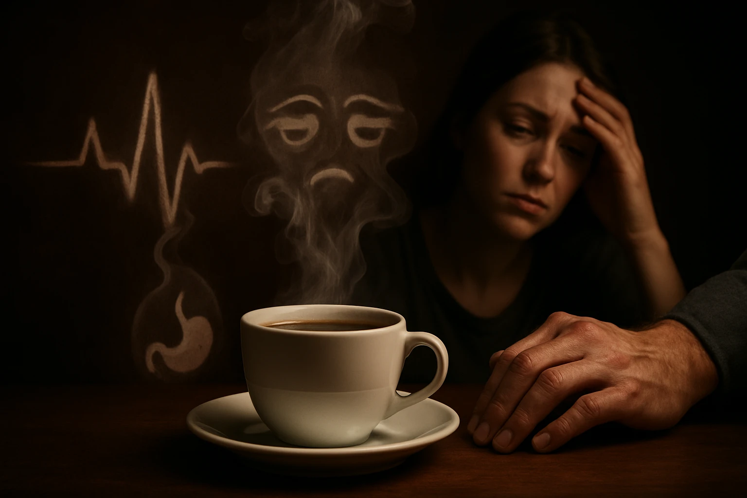 Egy gőzölgő kávéscsésze mellett egy szomorú nő ül, aki a homlokát fogja.