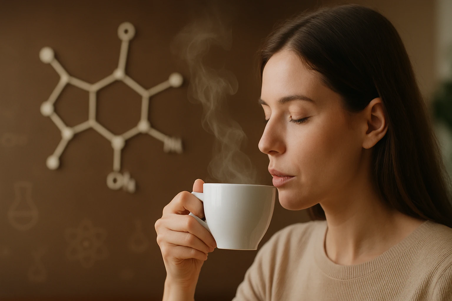 Egy nő gőzölgő csészéből iszik, háttérben kémiai struktúrák láthatók.